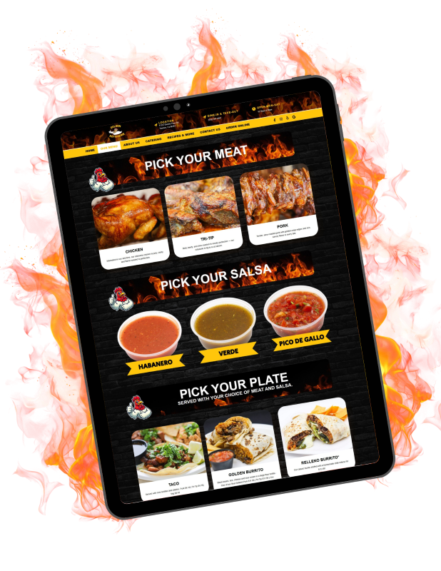 Tablet with web design done by Rosales Strategies with flames behind it